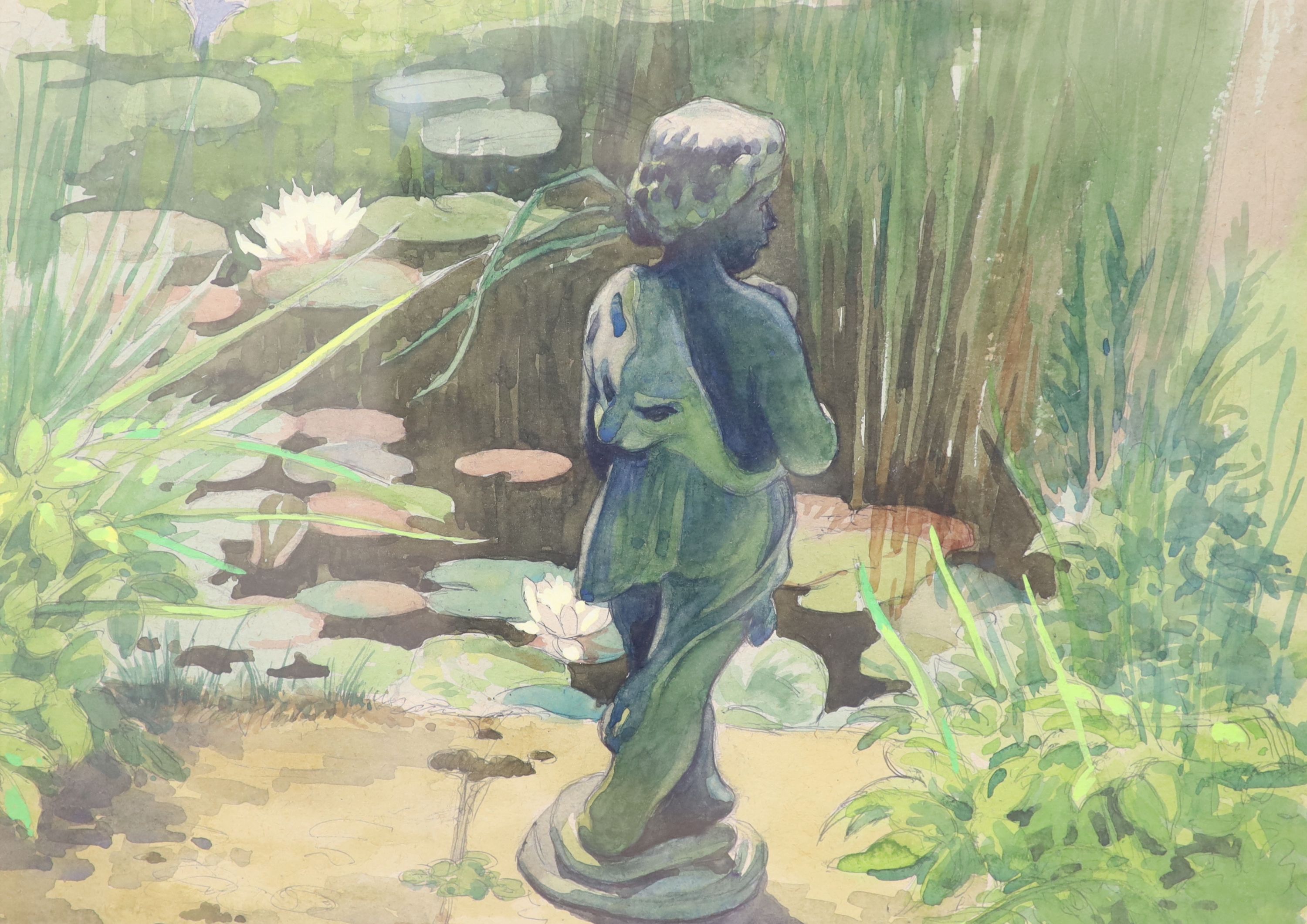 Robert Clayton ARCA , watercolour, 'Lead Cupid, Bourton-on-the-water, Coswolds', signed, 28 x 38cm